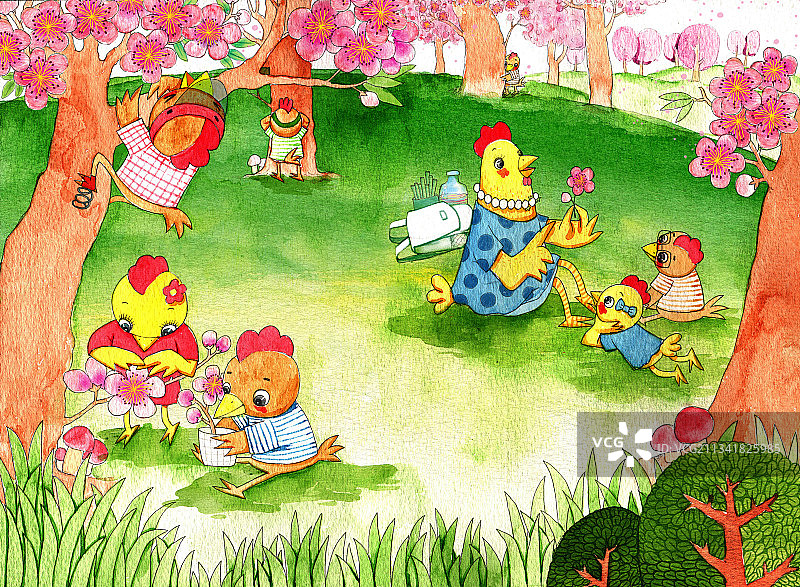 绘本插画母鸡小鸡系列-桃花园下春游的小鸡图片素材