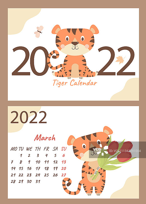 三月日历和覆盖2022老虎与鲜花图片素材