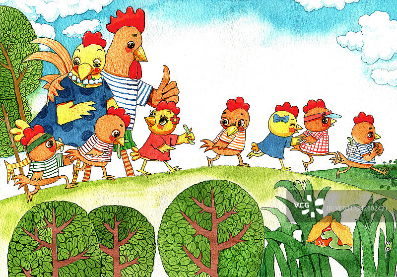 绘本插画母鸡小鸡系列-小鸡一家人外出玩图片素材