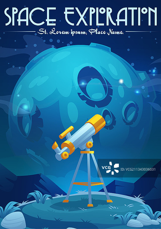 太空探索漫画海报与望远镜图片素材