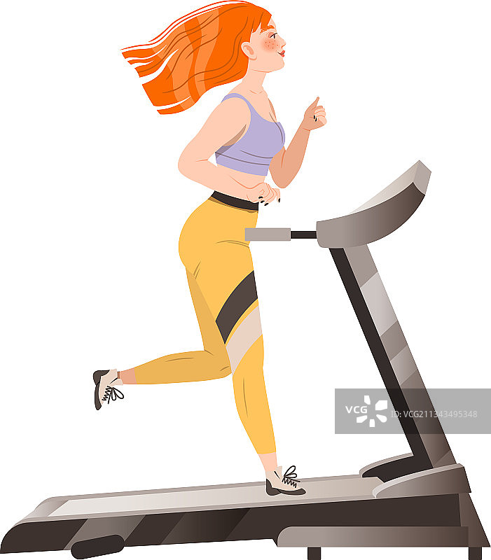 红发女人角色在跑步机上做运动图片素材