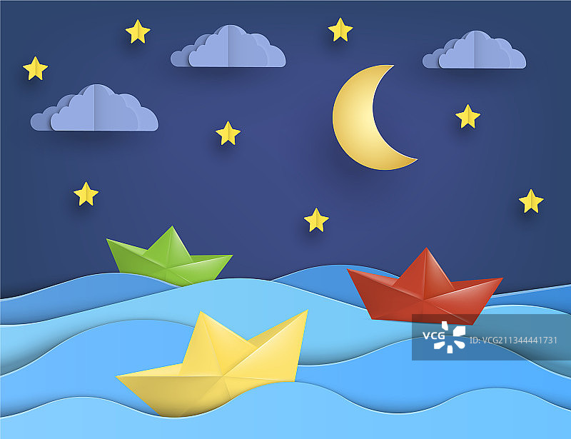 折纸船航行在蓝色的海洋纸艺术图片素材