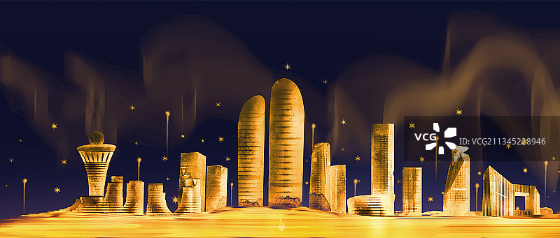 手绘金色城市建筑插画厦门图片素材