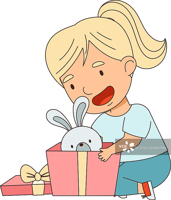 小女孩兴奋地打开了装满玩具的礼品盒图片素材