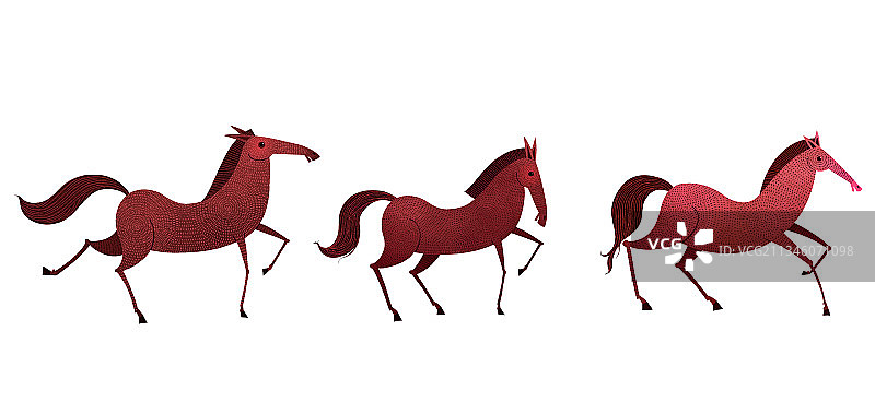 儿童插画扁平动物风格-三匹红色的马图片素材