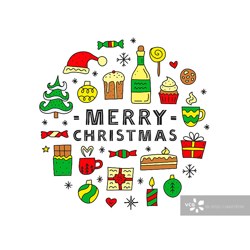 彩色涂鸦圣诞和新年图标图片素材