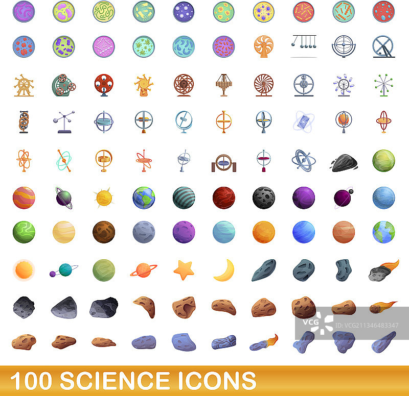100个科学图标设定卡通风格图片素材