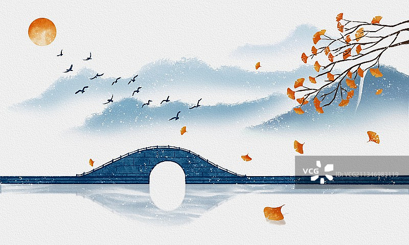 插画,银杏,立秋,秋分,旅游,桥,云,水,旅游目的地,图片素材