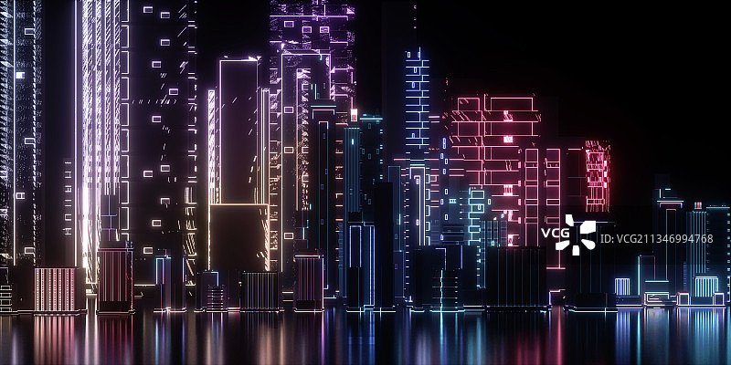 3D夜景下的城市霓虹灯图片素材
