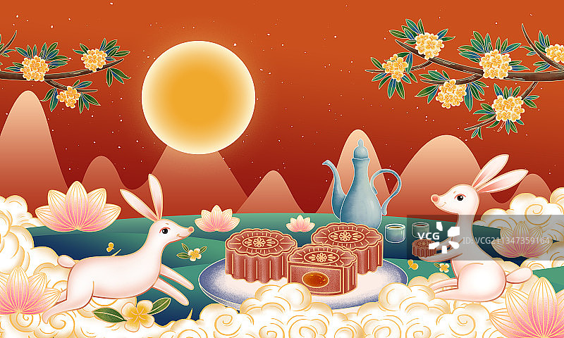 中秋节赏月兔子吃月饼插画海报图片素材