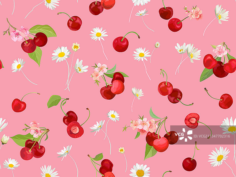 无缝樱桃图案与夏季浆果图片素材