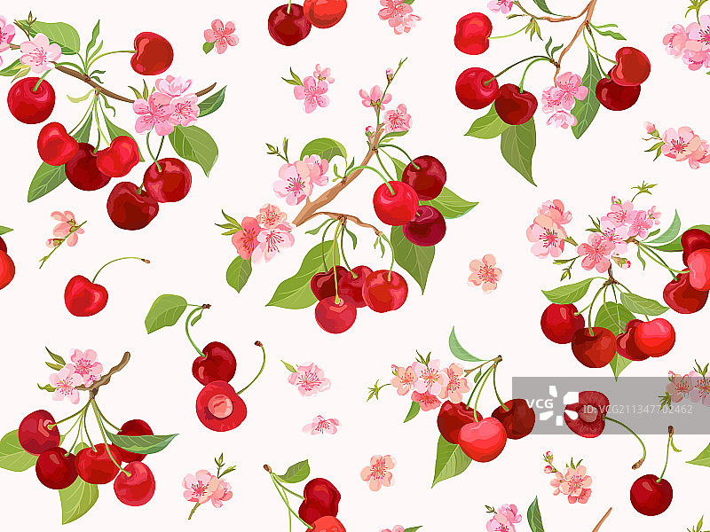 水彩樱桃无缝图案夏季浆果图片素材