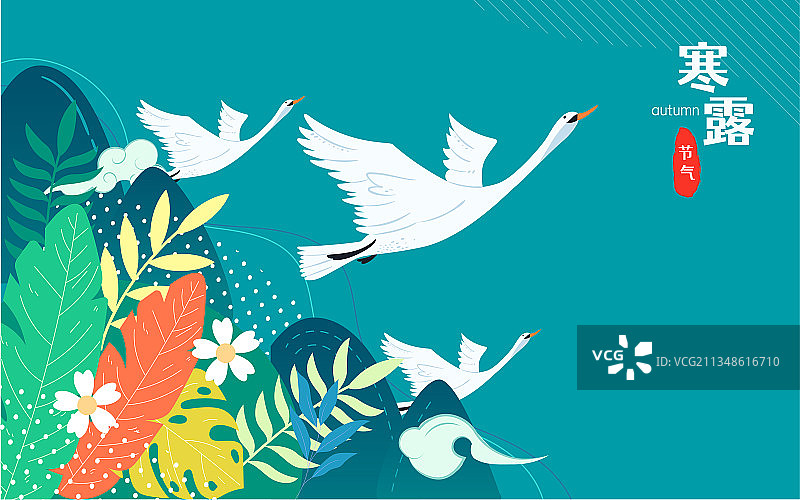 寒露节气插画秋天天鹅飞翔秋季鸟类飞行海报图片素材