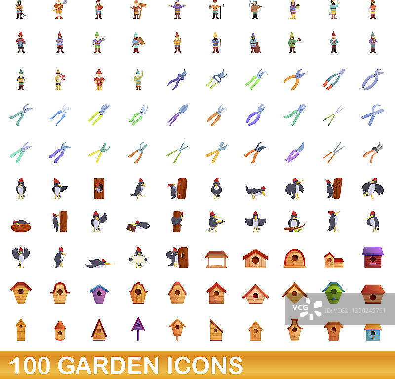 100个花园图标设定卡通风格图片素材
