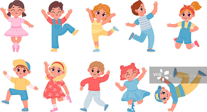 卡通快乐的跳舞和跳跃的孩子，男孩和图片素材