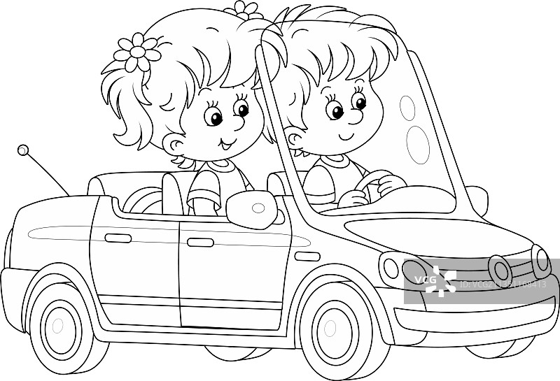 小女孩和小男孩开着一辆玩具车图片素材