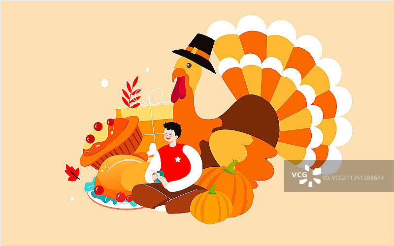 感恩节美食人物插画晚餐火鸡美味菜肴海报图片素材