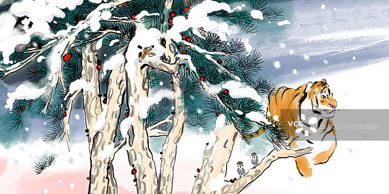 12虎年季节风景系列插画12幅冬天节气大雪小雪大寒小寒图片素材