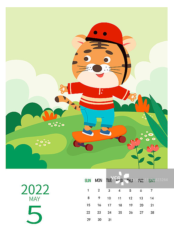 2022虎年日历5月份矢量插画图片素材