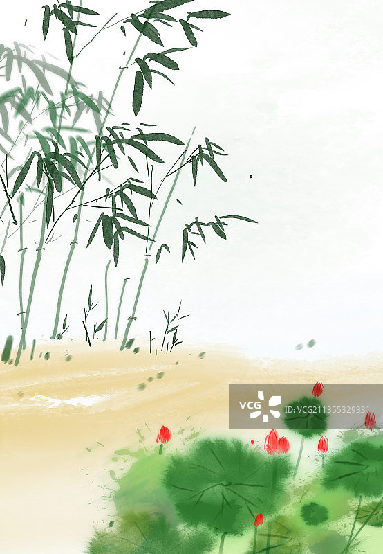 国风水墨中国画自然风景背景竹子荷花池塘图片素材