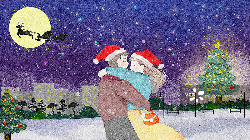 圣诞节圣诞夜情侣拥抱插画图片素材