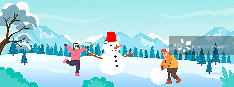 冬天堆雪人的儿童矢量插画图片素材