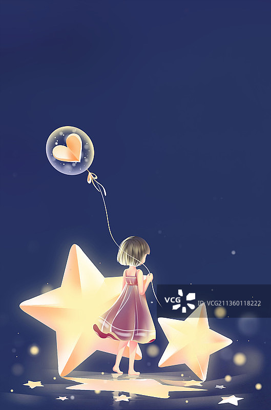 女孩拿着气球背站在两颗巨大的星星前，唯美卡通创意插画图片素材