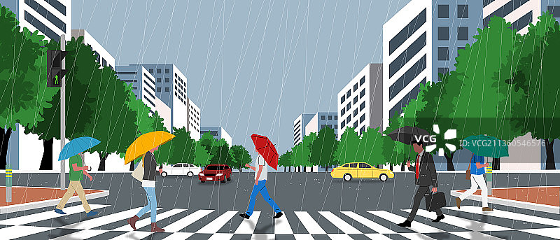 在韩国的雨季，人们撑着伞走在城市里图片素材