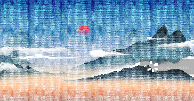 新中式风格山水风景插画图片素材
