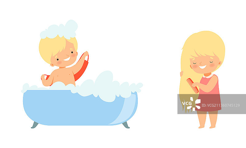 小男孩和小女孩在有泡沫的浴缸里洗澡图片素材
