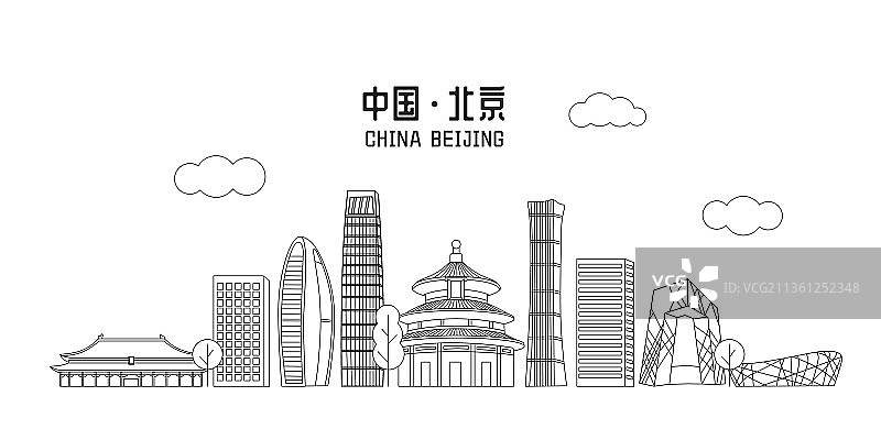 北京城市天际线黑白线条矢量插画图片素材