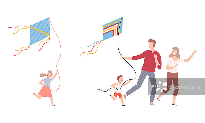 快乐的家庭与孩子散步放飞风筝图片素材