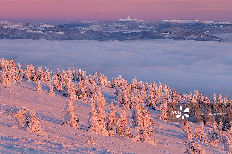 喀尔巴阡山脉，日落时白雪覆盖的山脉映衬着天空图片素材