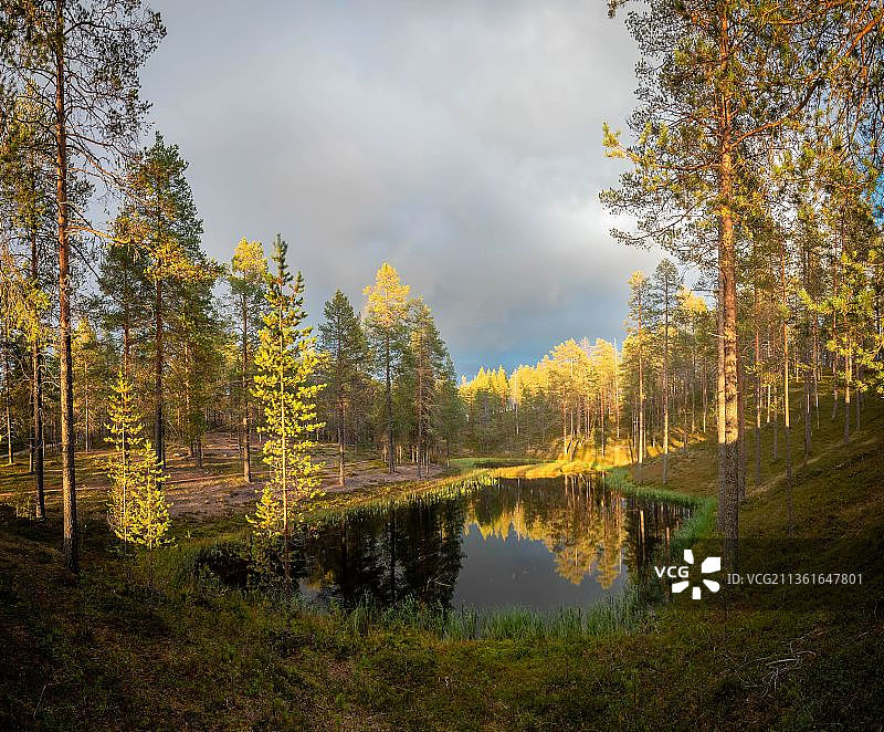 芬兰，苏莫萨米尔，秋天森林中湖泊的景色图片素材
