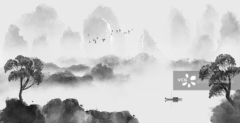 中国风水墨山水画手绘背景图片素材