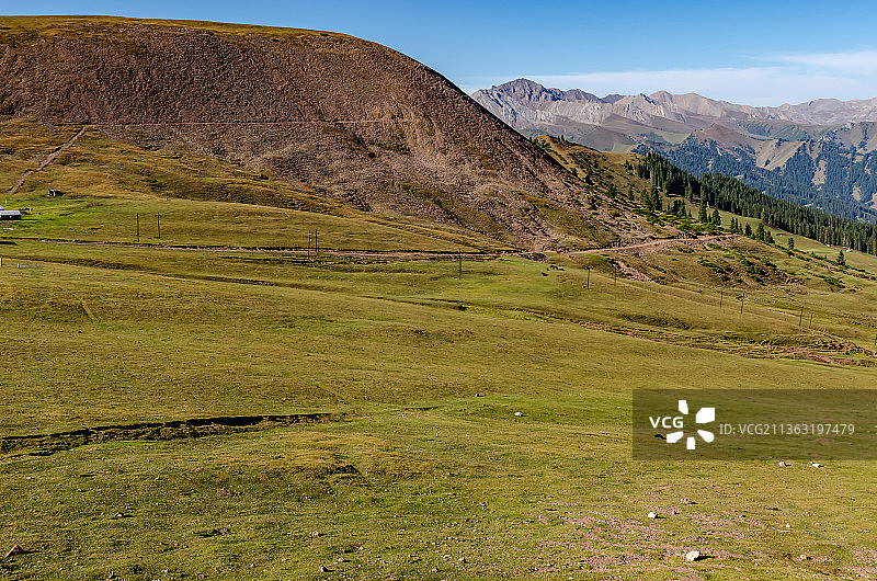 高视角拍摄中国新疆伊犁草原的山脉图片素材