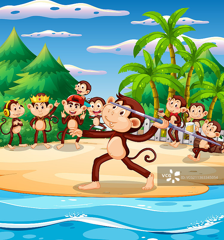 沙滩上猴子玩标枪的场景图片素材