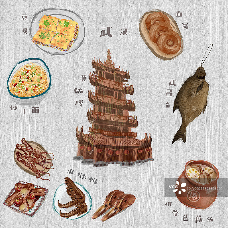 武汉地标建筑和特色美食插画图片素材