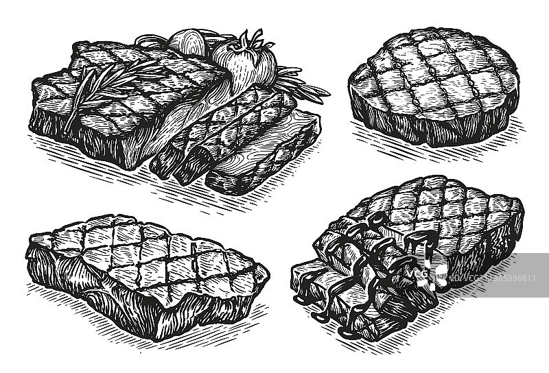 手绘素描肉集牛排烧烤图片素材