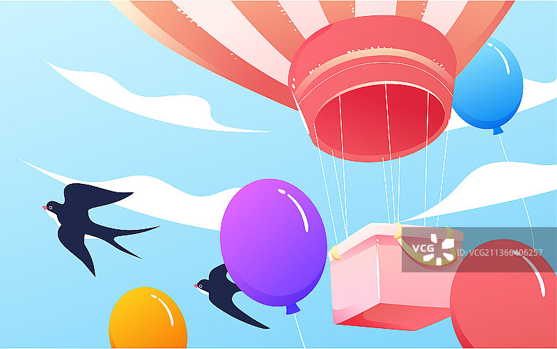 情人节情侣乘坐热气球插画春天人物旅行海报图片素材