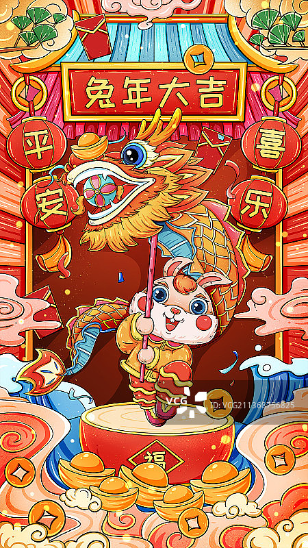 国潮喜庆春节新年兔年舞龙插画图片素材