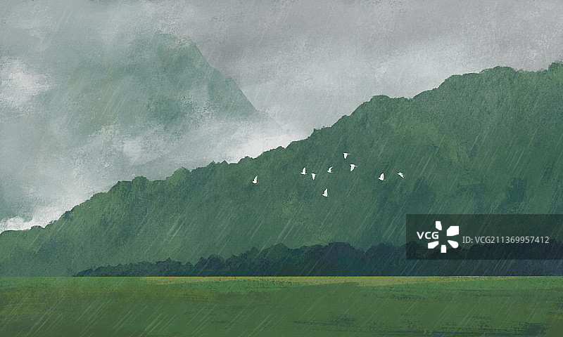 群鸟飞过雨中的大山图片素材