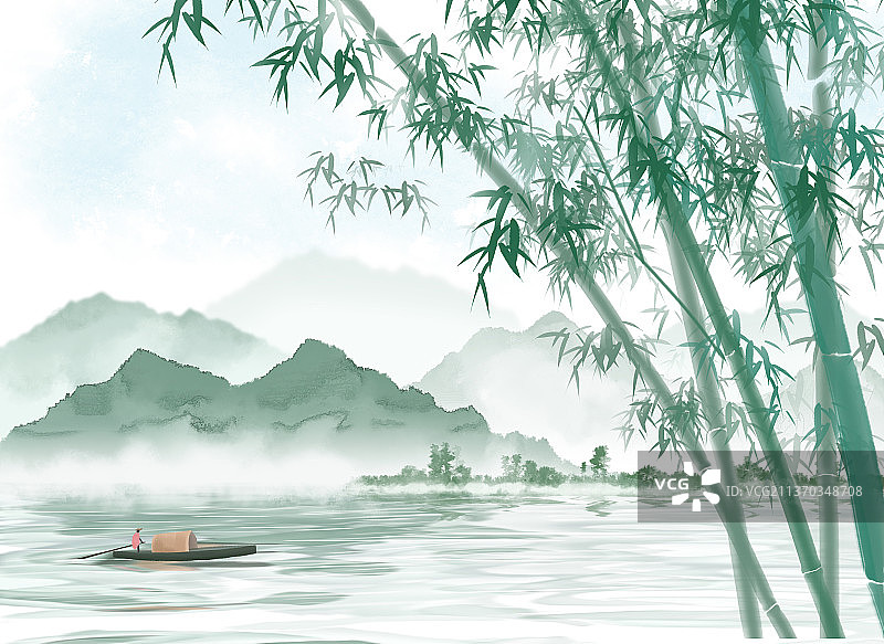 青绿色竹林中式水墨山水画图片素材