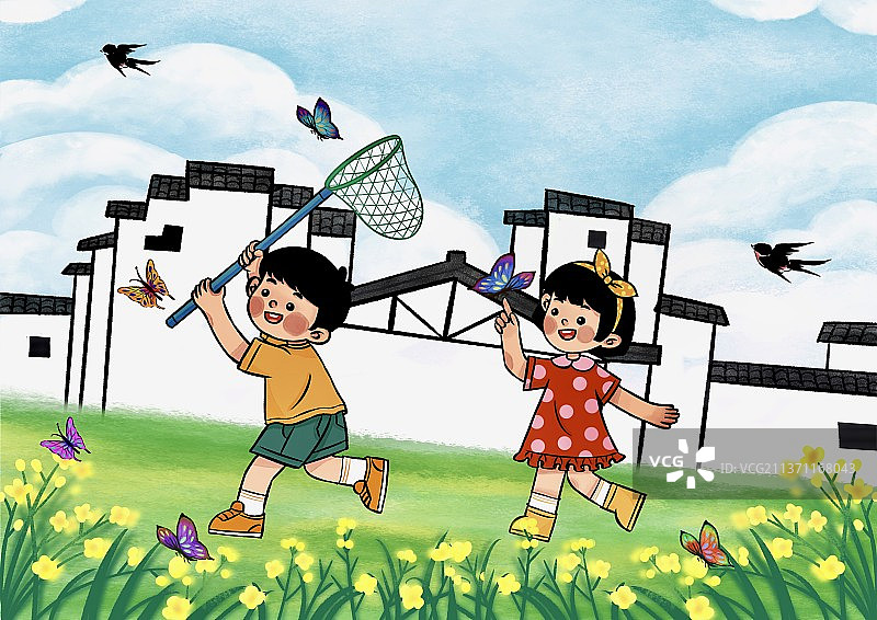 可爱的孩子们在油菜花地里玩耍抓蝴蝶图片素材