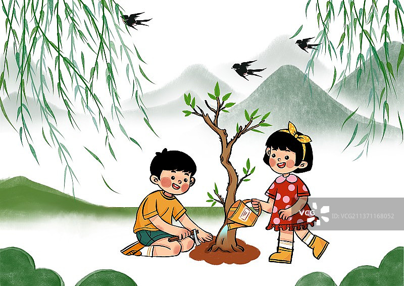 可爱的小男孩和小女孩在草地上植树图片素材