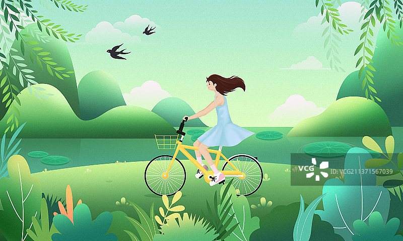少女骑单车踏青海报图片素材