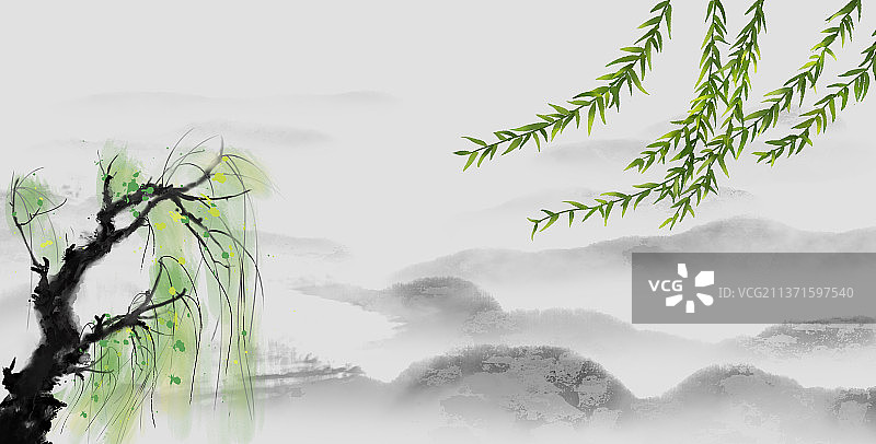 中国风春天绿色水墨山水背景插画图片素材