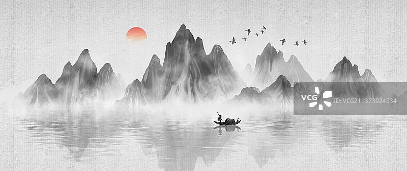 中国风黑白水墨山水风景插画图片素材