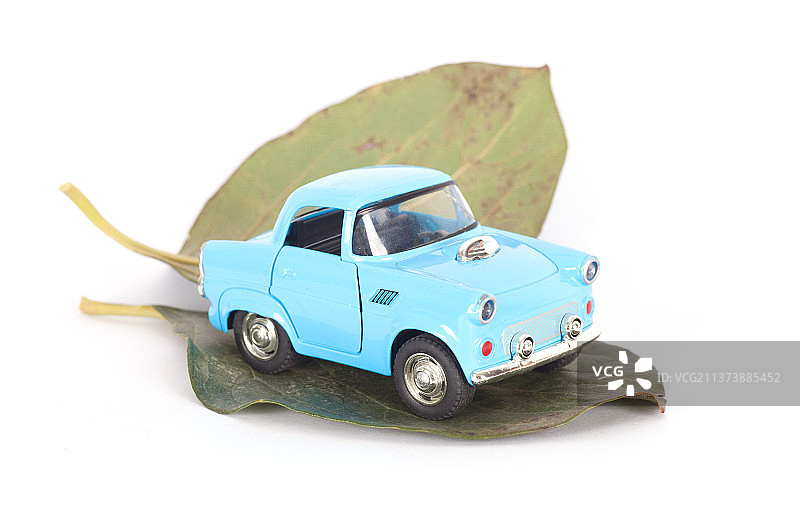 白背景上绿色的树叶和小汽车模型图片素材