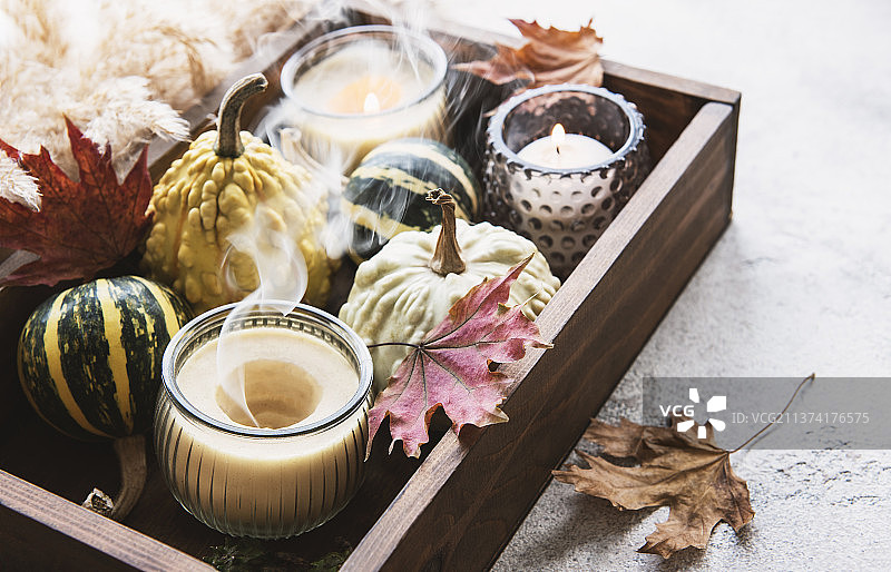 秋天的构图，用各种各样的南瓜，高角度的蜡烛和鲜花放在桌子上图片素材